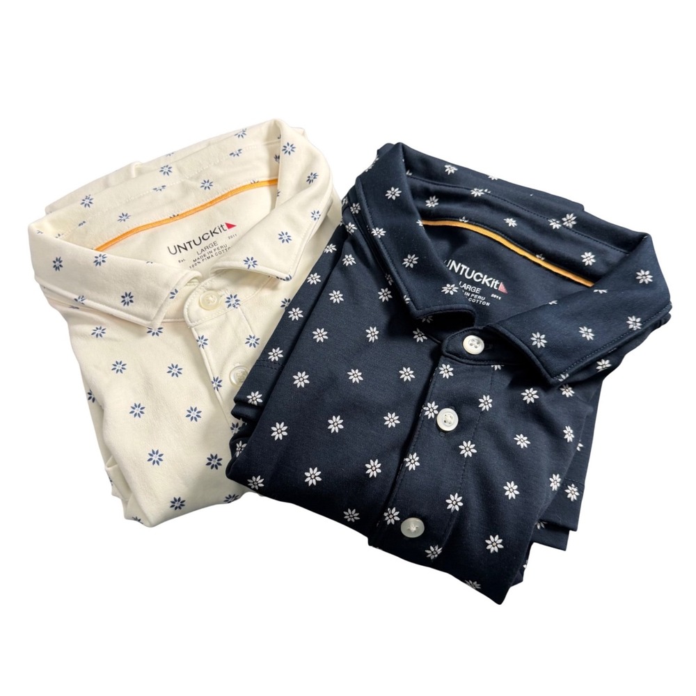 UNTUCKit Damian Polo Shirt Mens Large White Blue Floral Pima Cotton Lot of 2